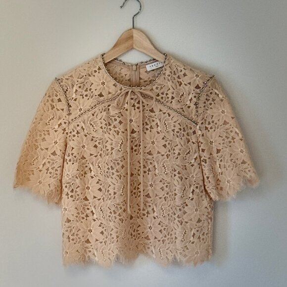 Sandro Paris Utopie Crystal-Trimmed Corded Lace Top in Beige (size 1 - Small) - Picture 1 of 13
